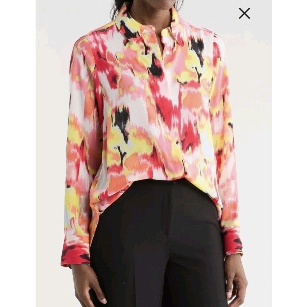 DKNY Blouse Womens L Long Sleeve Top Abstract Polyester Multicolor Button Up NWT